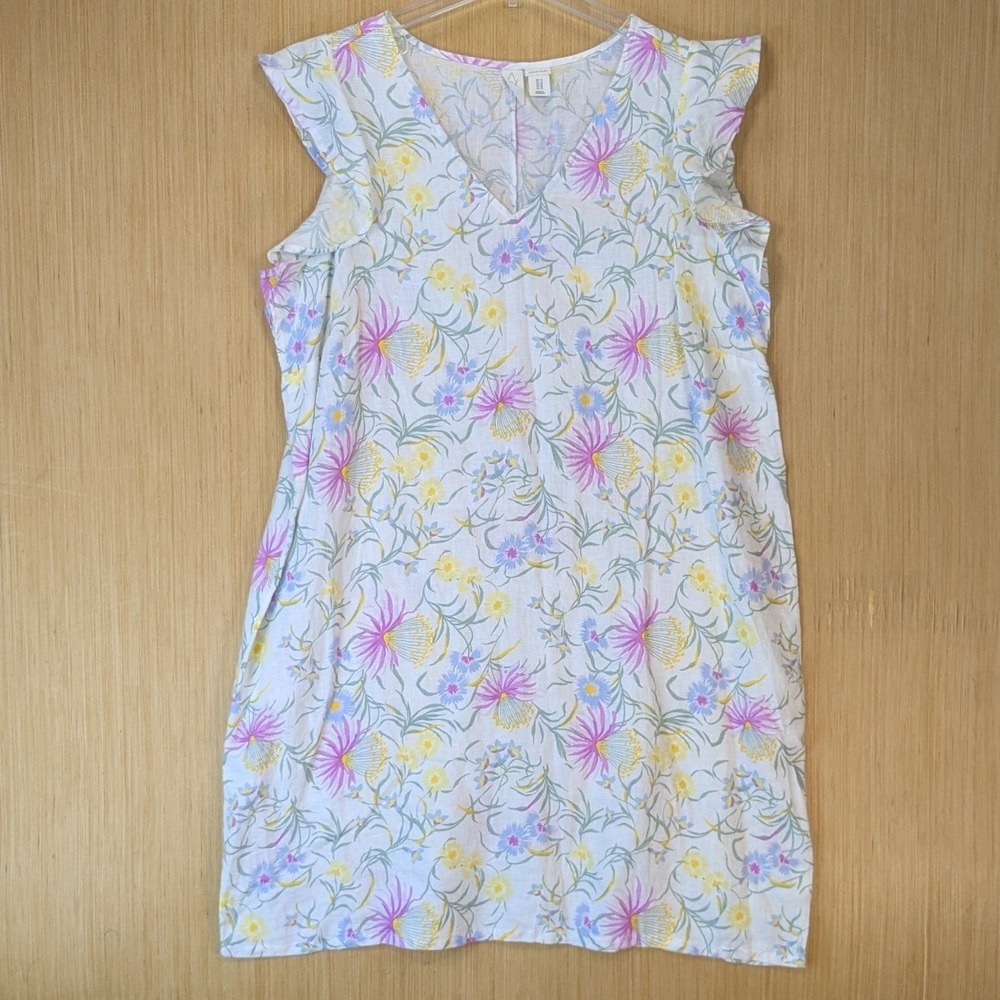 Joie Women 1X Colorful Floral Linen Boho Resort Ruffle Sleeve Shift Dress White